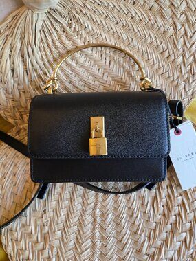 Ted Baker London Black Leather Top Handle Bag with Gold Padlock Charm